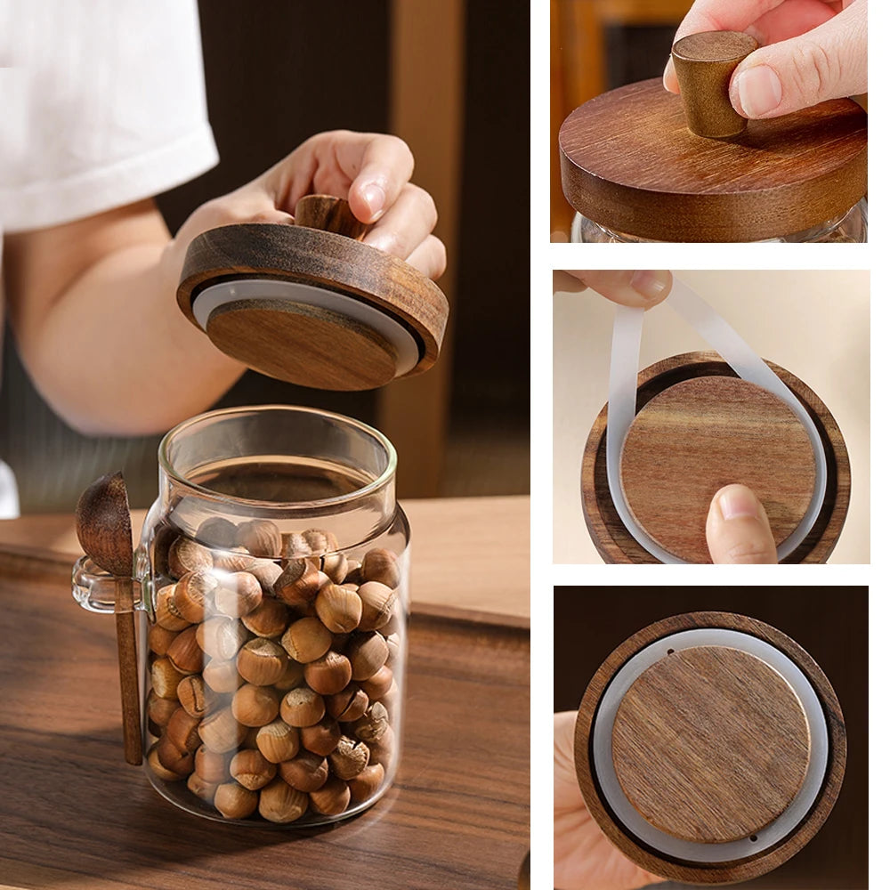 Glass jar with wooden lid and spoon, showing assembly process on a wooden surface.