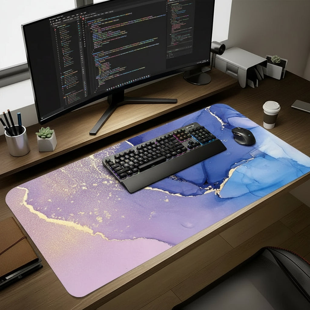 Desk setup with dual monitors, keyboard, mouse, and a large mouse pad.