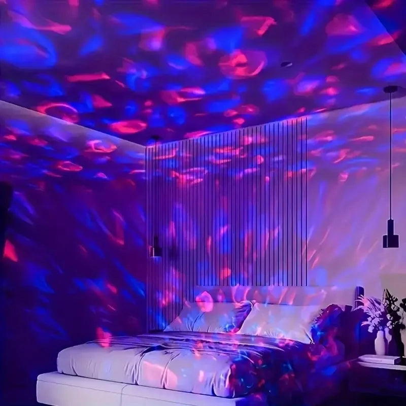 Bedroom with colorful ceiling lights and modern decor