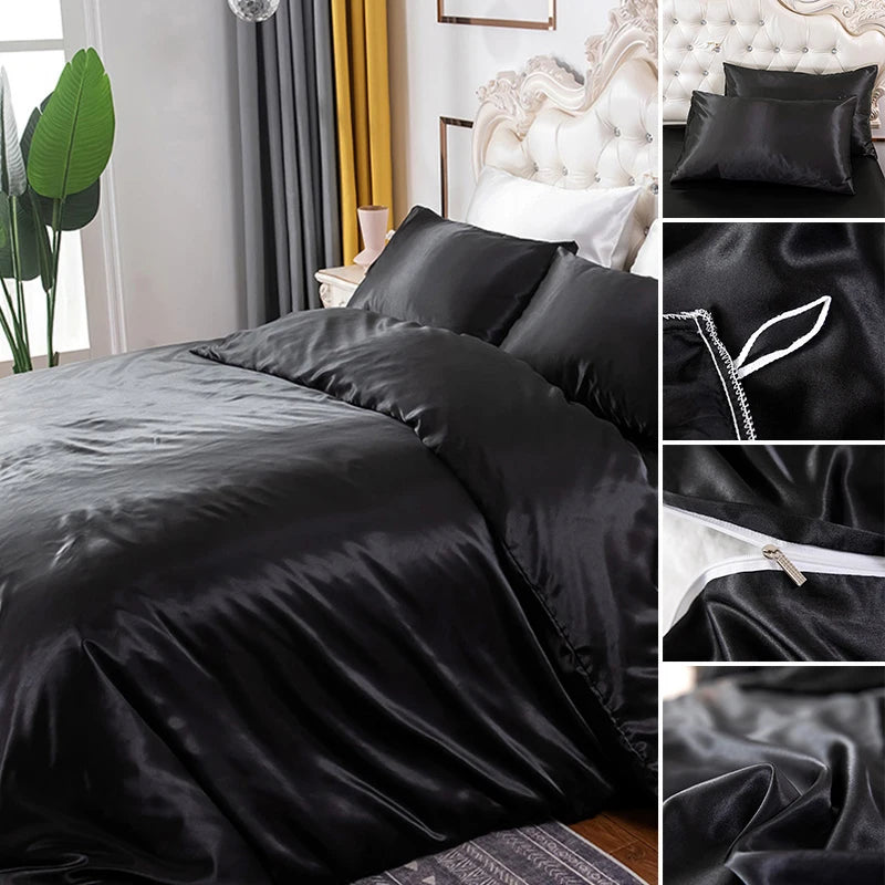 Black satin bedding set with close-up details on a bed and zipper feature.