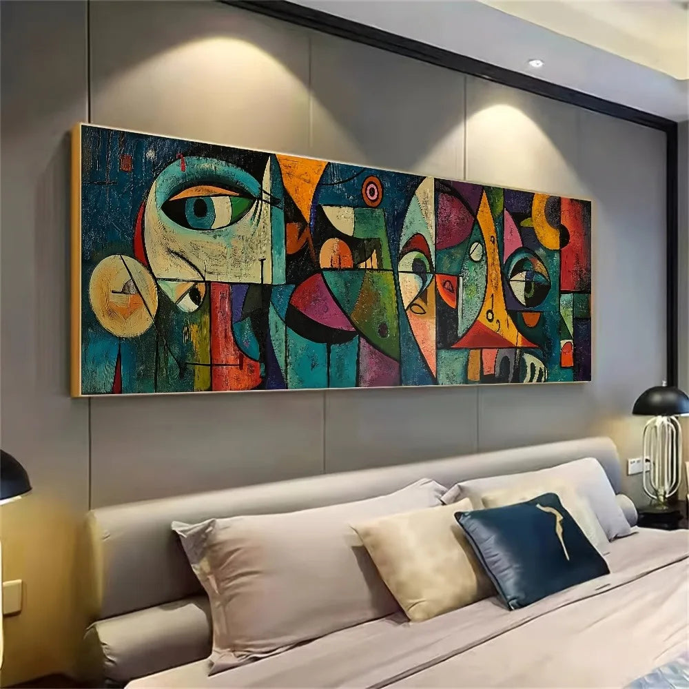 Abstract artwork on a wall above a bed in a bedroom setting