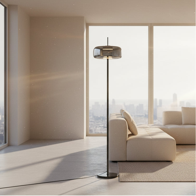 Black minimalist floor lamp with illuminated smoked glass shade
