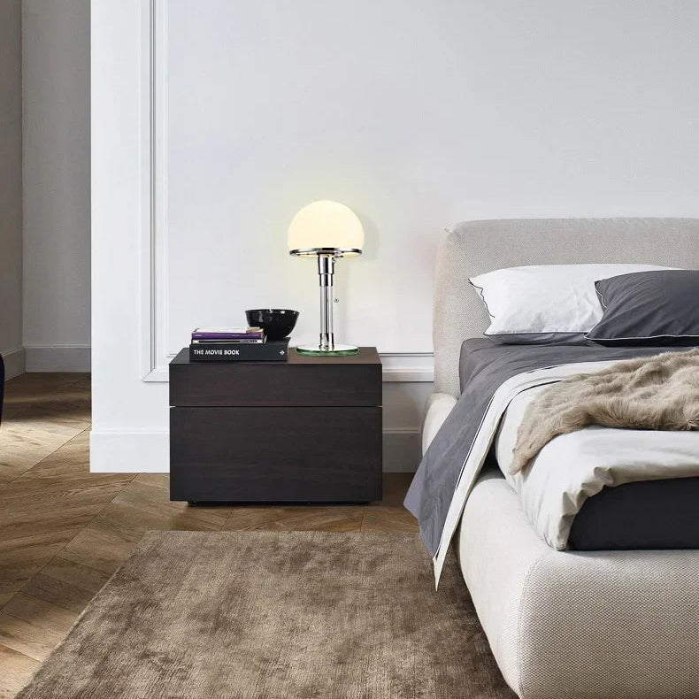 Bauhaus chrome table lamp with frosted glass dome shade and glass base