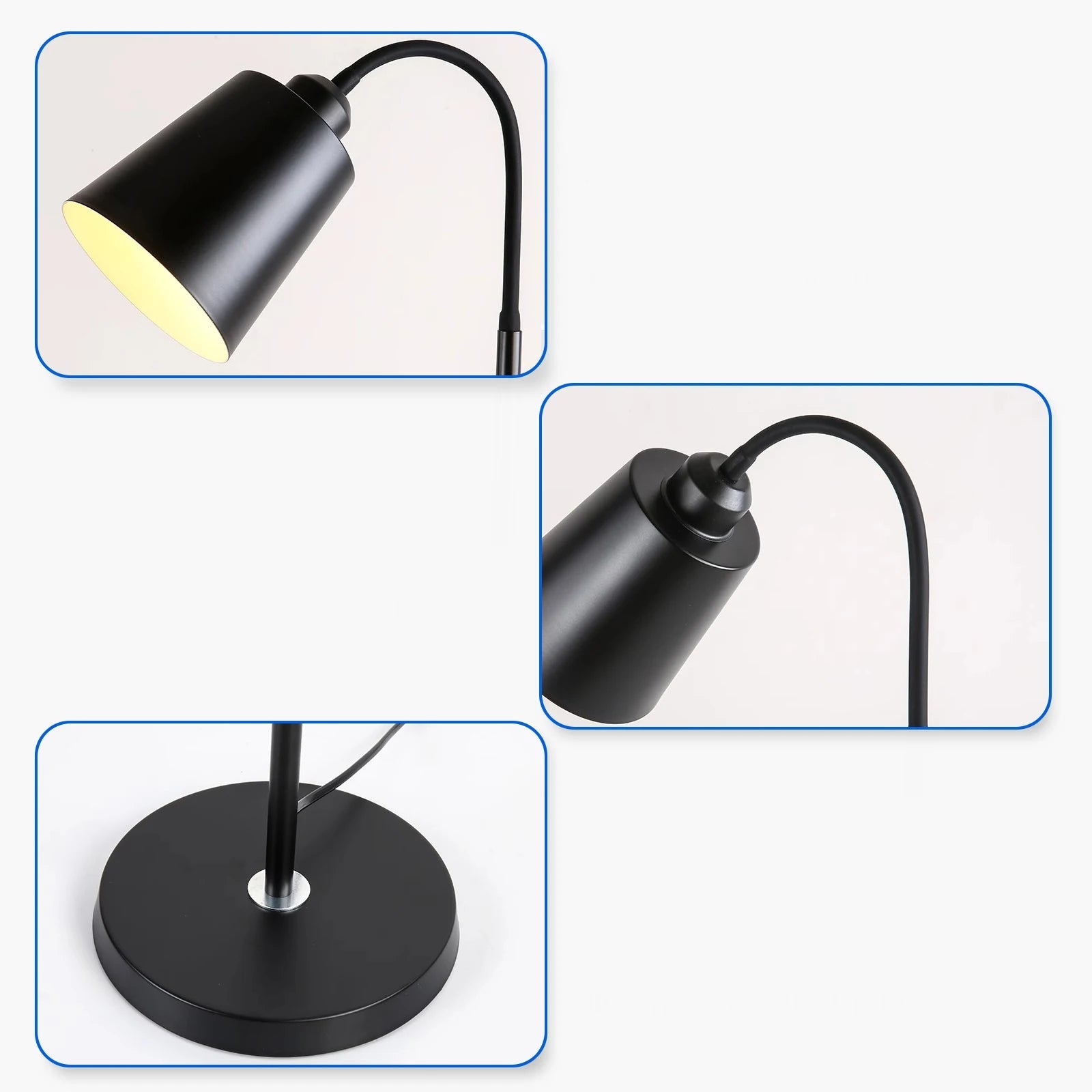 Black desk lamp with metal lampshade, hose, and base on a white background