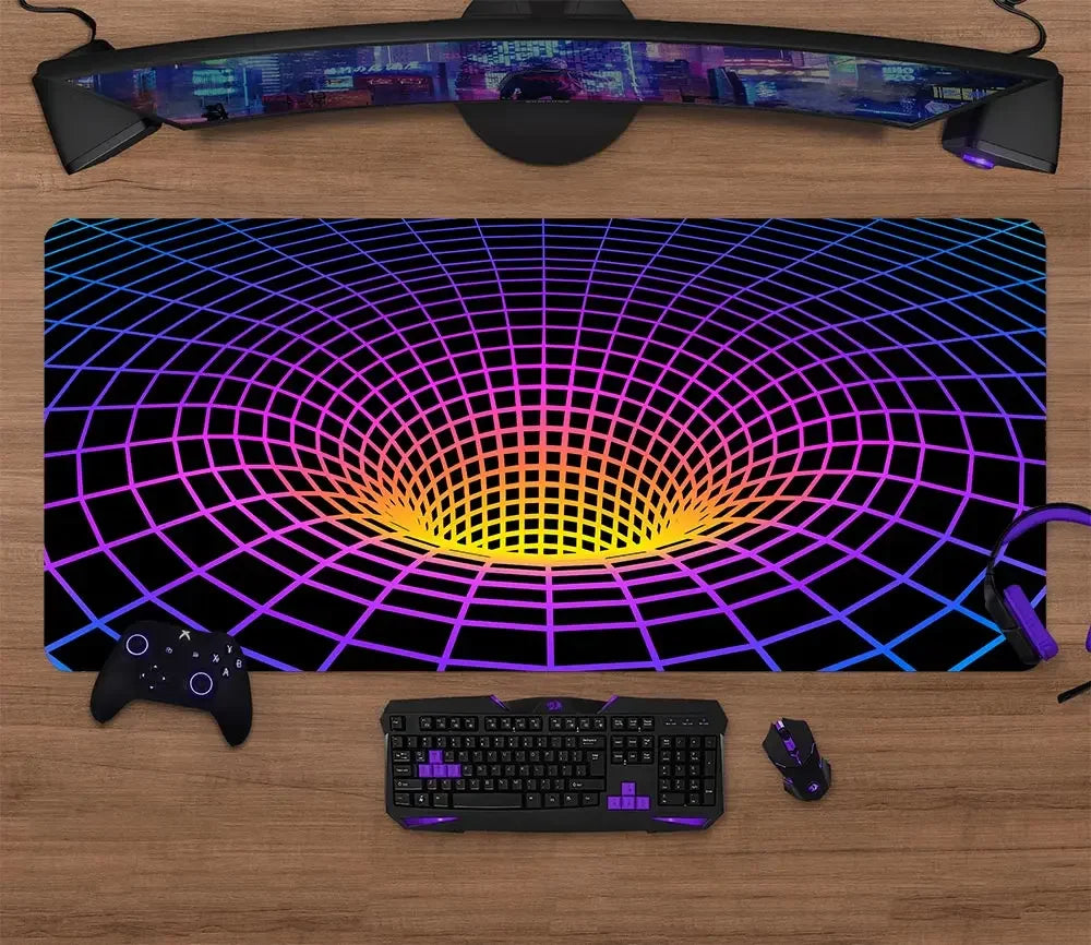 Large gaming mouse pad with purple grid portal design