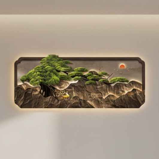 3D LED framed wall light with cascading pine tree across rocky clifftop and red sun — with and without backlight