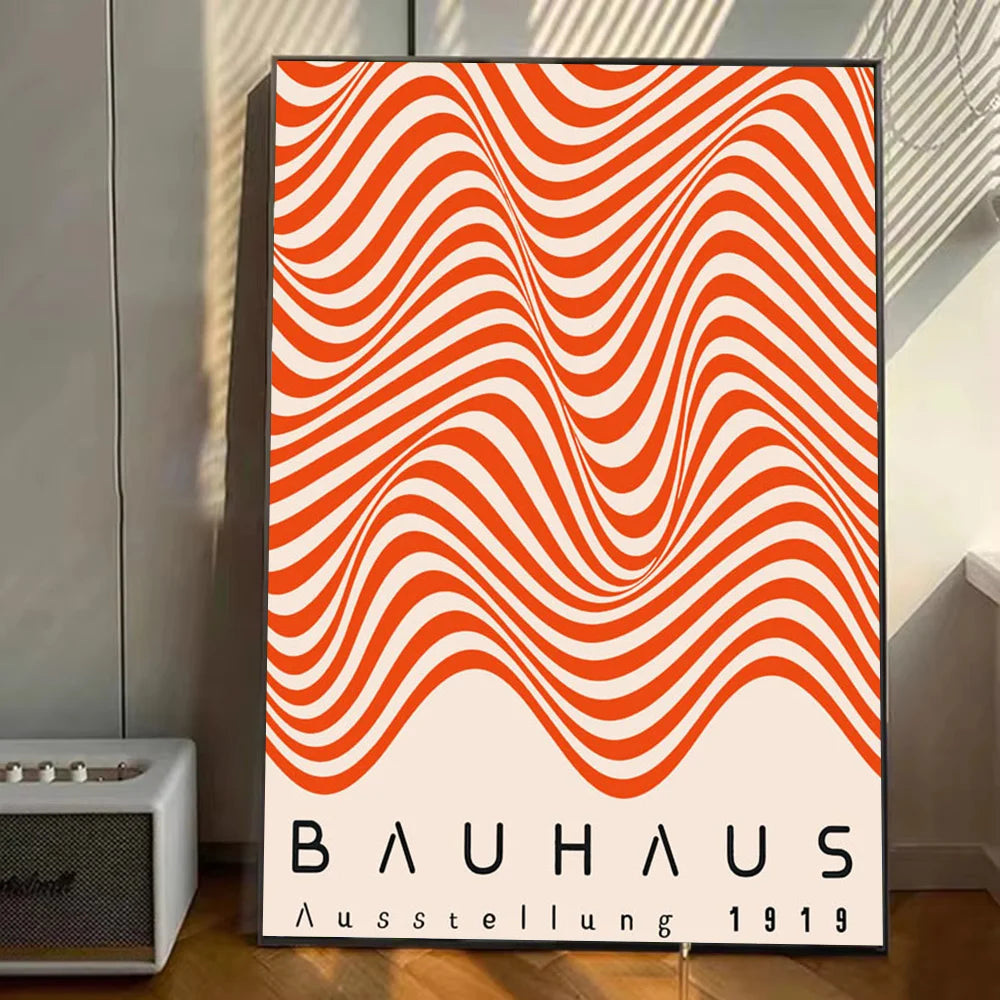 Bauhaus wave line canvas print with flowing orange and cream striped pattern