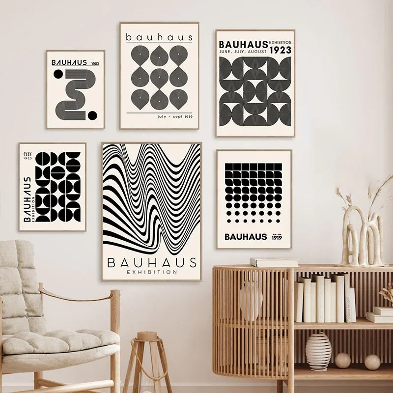 Styled gallery wall featuring six black and white Bauhaus cotton canvas prints in a modern interior