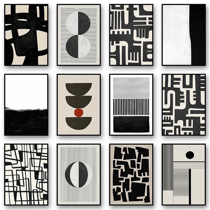 Collection of black and white abstract art prints arranged in a grid.