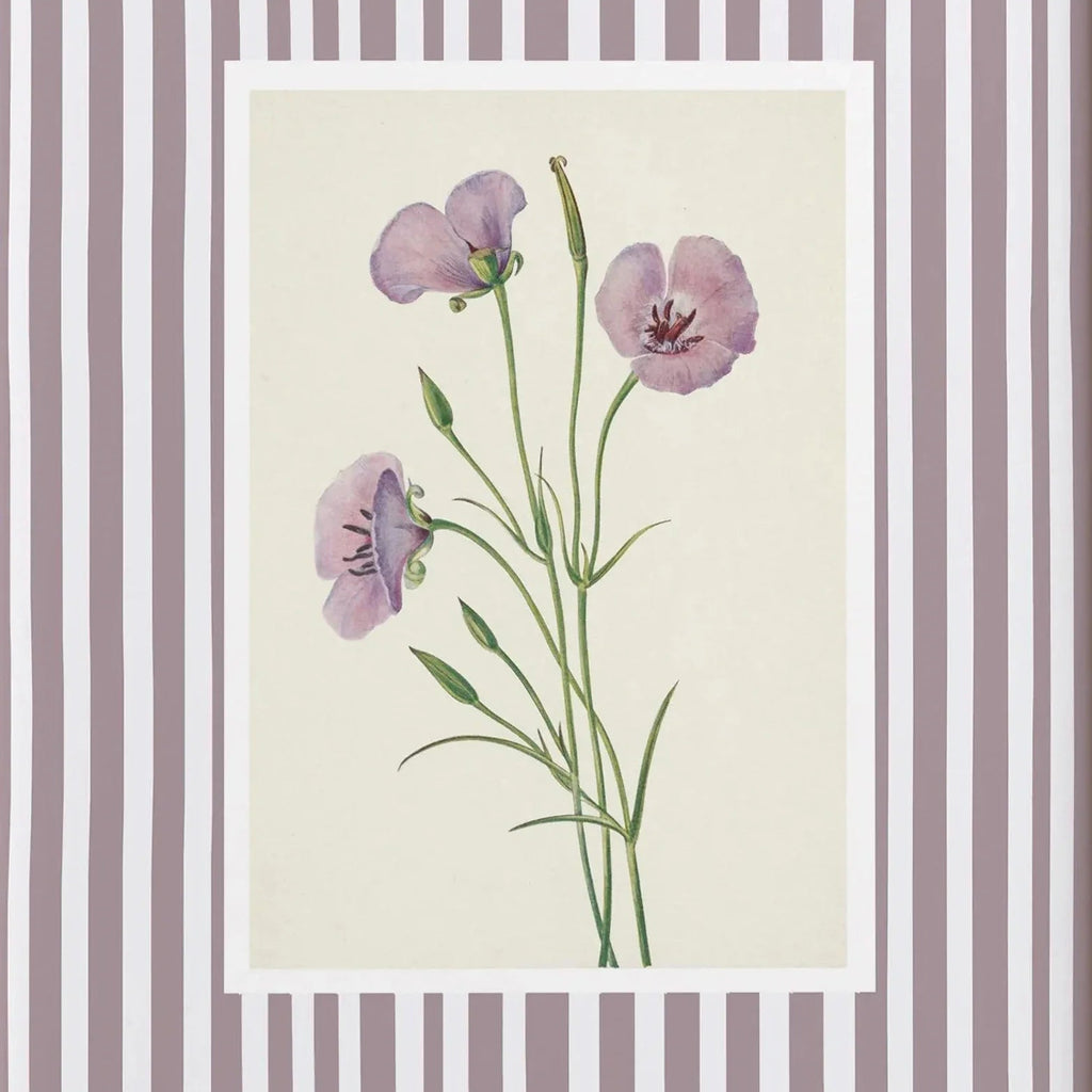 Lilac botanical stem illustration with mauve striped border
