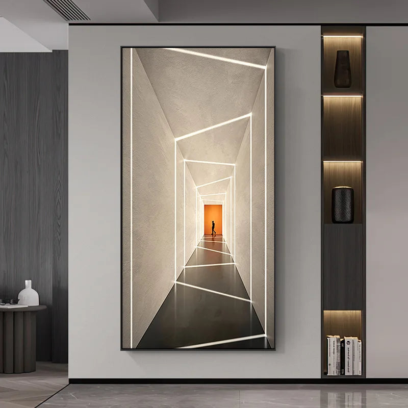 Geometric neon line wall light with a silhouetted figure