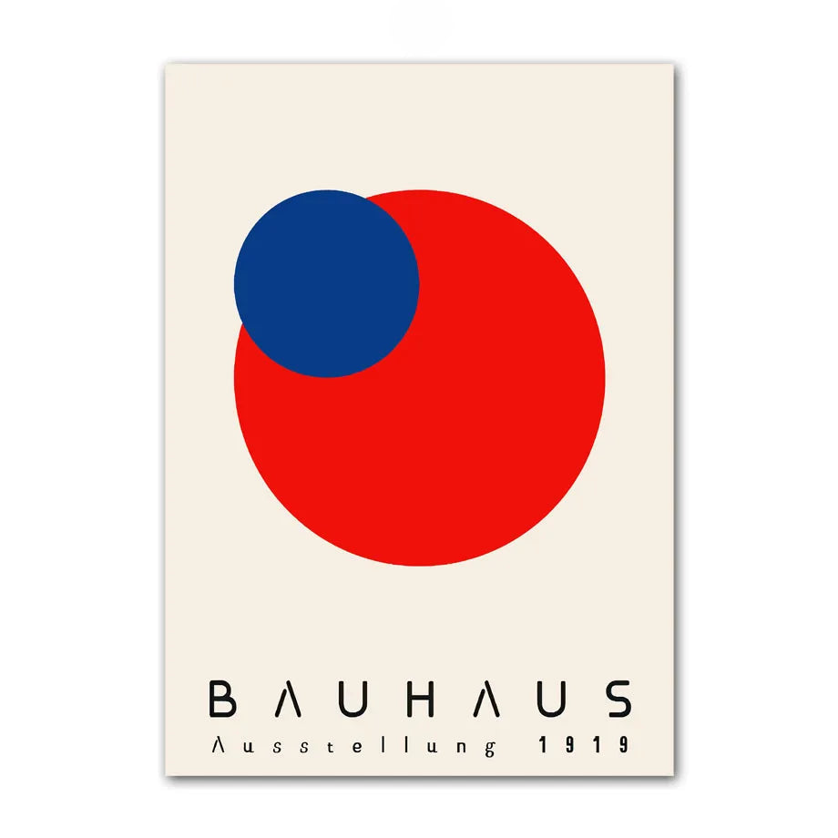 Bauhaus 1919 red circle with blue accent geometric canvas print, minimalist modern wall decor.