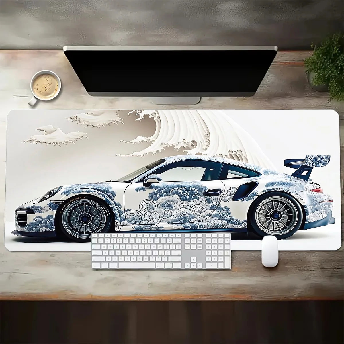 White sports car mouse pad with blue wave artwork and light background