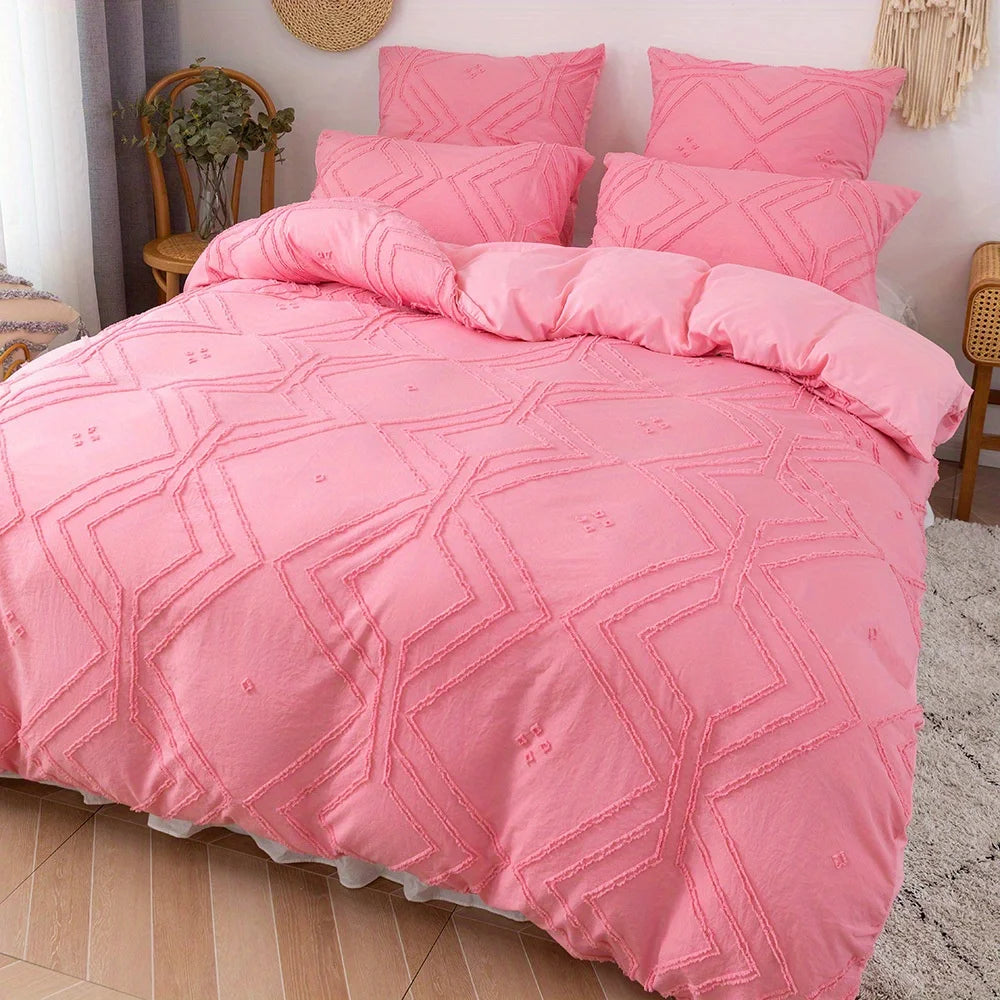 Pink textured duvet cover set styled in a modern bedroom