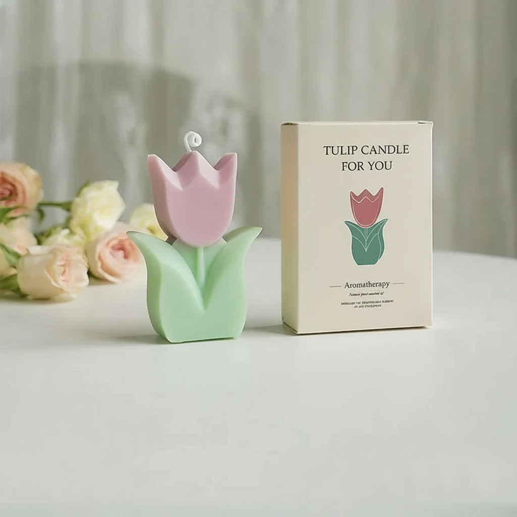 Tulip-shaped candle with packaging on a neutral background