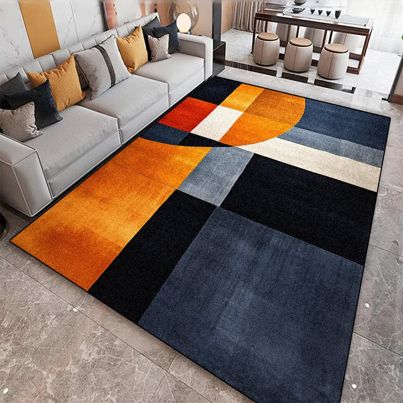 Dark-toned geometric rug with orange arc and grid pattern displayed on a marble floor next to a grey sofa