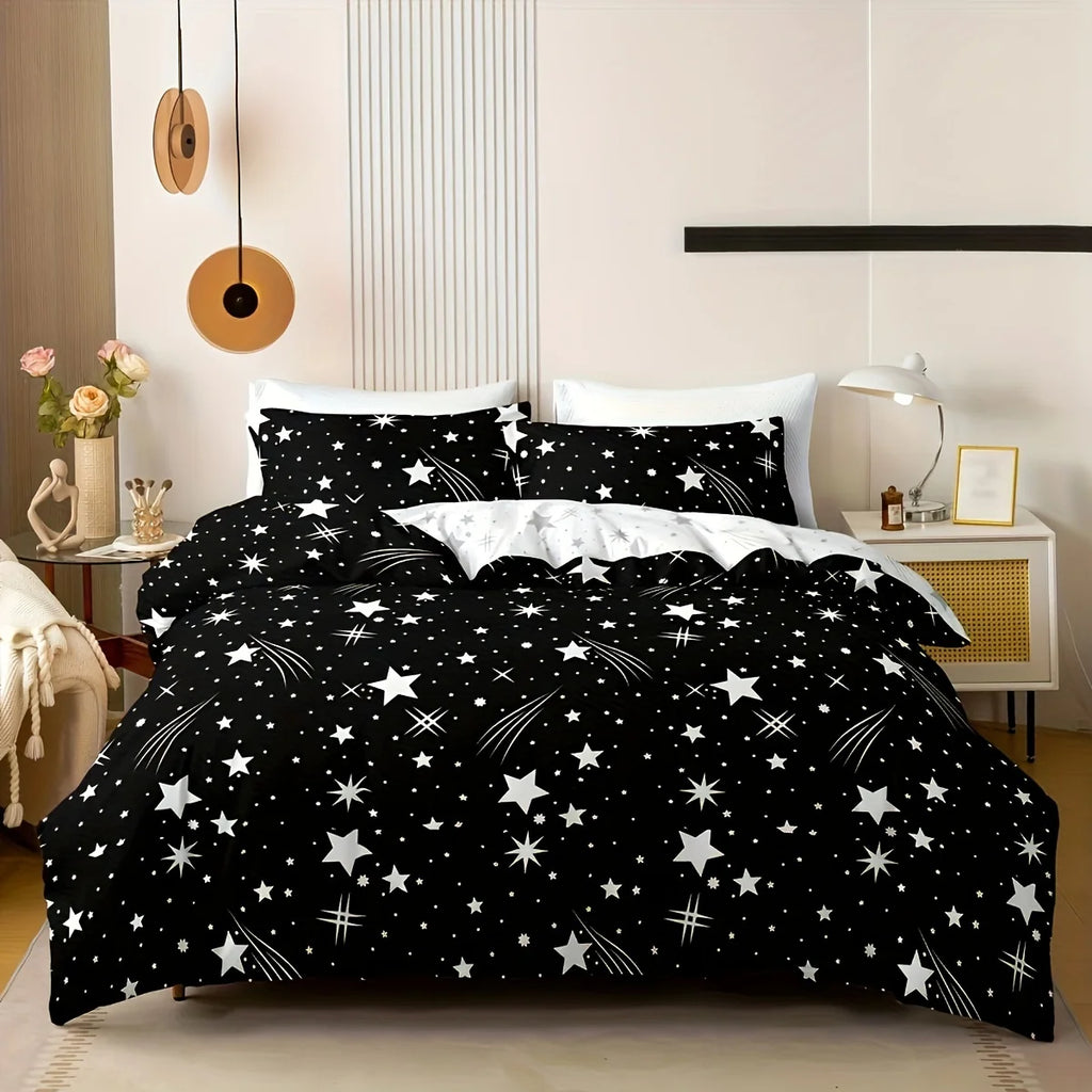 Black bedspread with star pattern in a bedroom setting