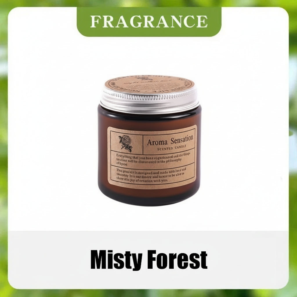 Aroma Sensation scented candle labeled 'Misty Forest' with fragrance description on a green and white background.