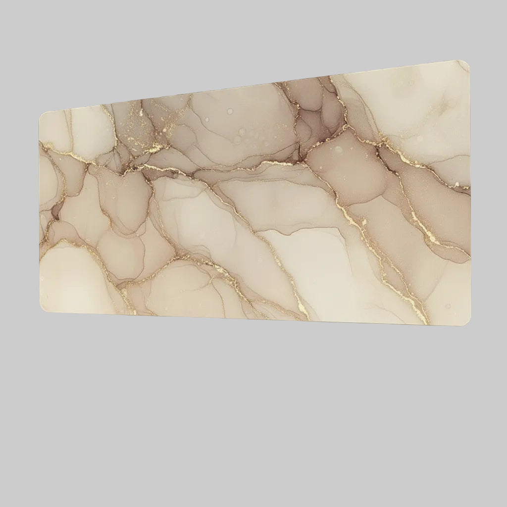 Marble-patterned mousepad with gold accents on a dark background