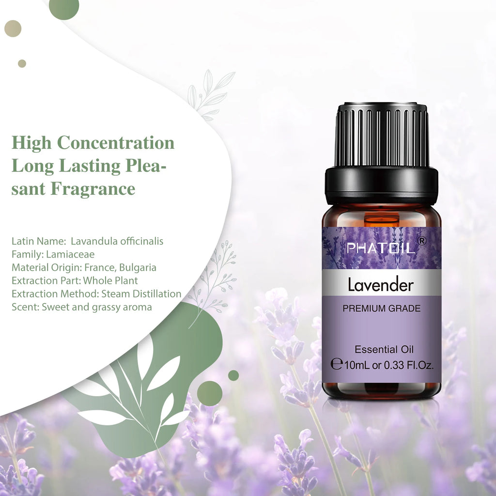 Lavender essential oil bottle with product details on a light background