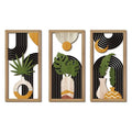 Three framed abstract wall art pieces with plants and geometric shapes on a white background