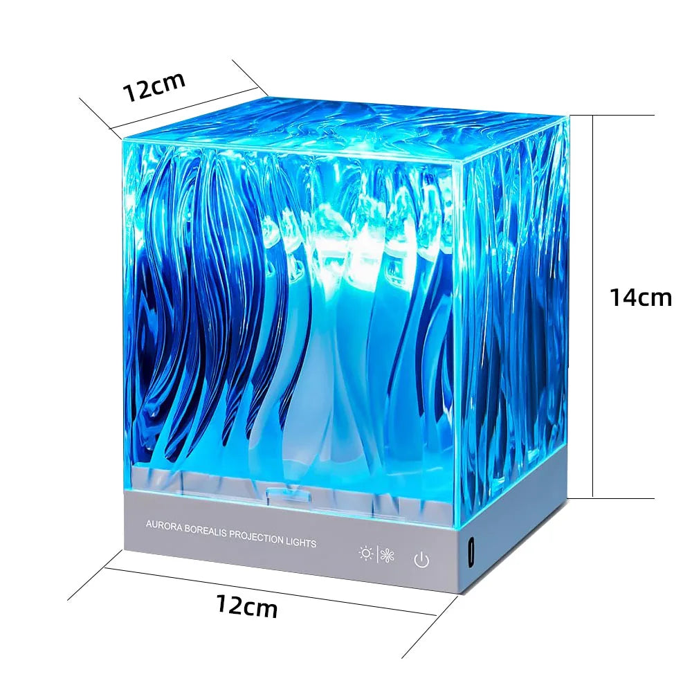 Cube-shaped light with blue Aurora Borealis design and dimensions labeled
