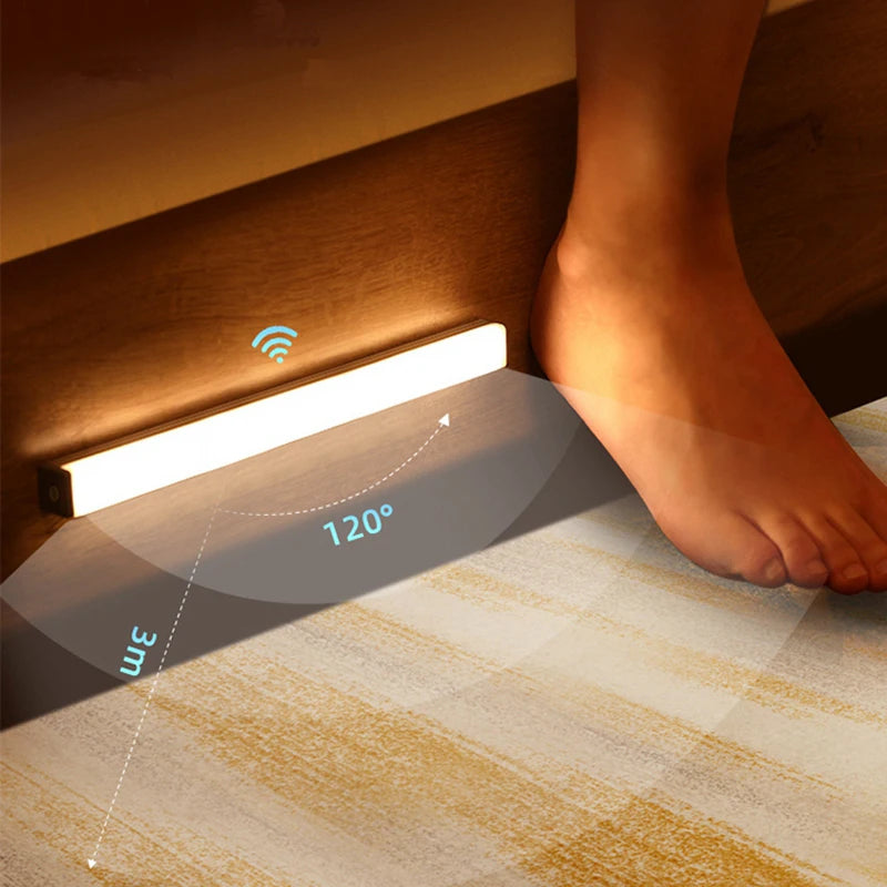 Smart floor heating strip with foot near it on a wooden floor