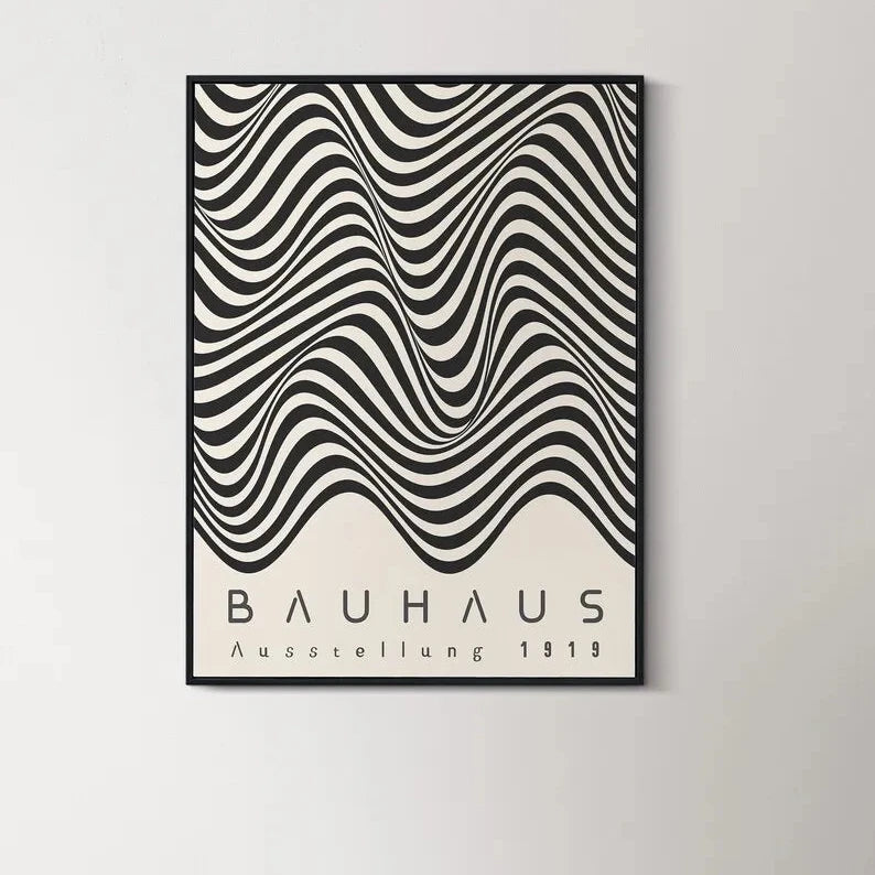 Bauhaus optical art print with black and cream wavy stripe pattern