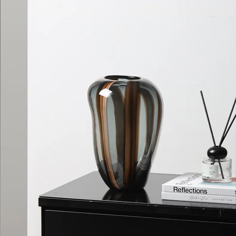 Medium sculptural glass vase with layered amber streaks – 27.3cm