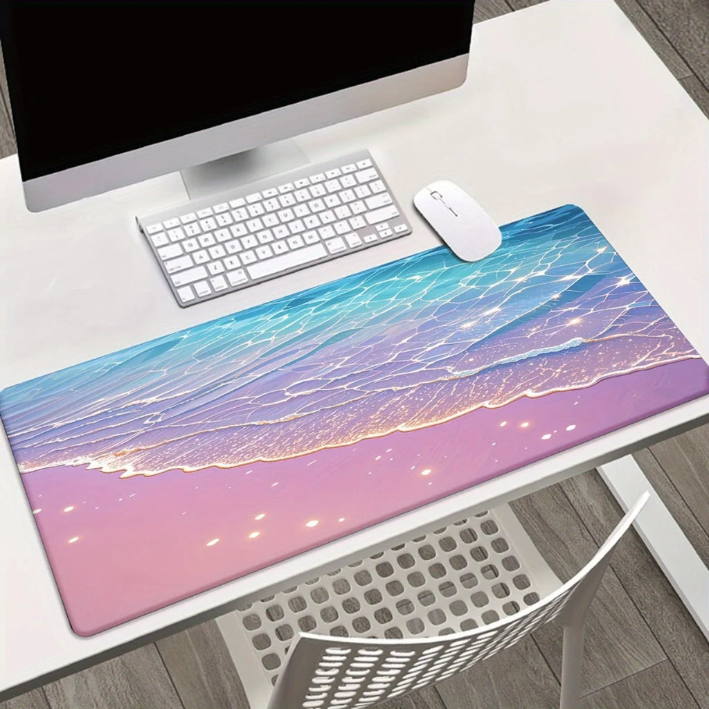 Desk setup with a large wave pattern gaming mouse pad.