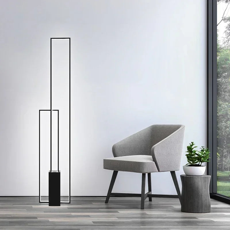 Offset Frame 120cm — Creative floor lamp with offset rectangular frame design and black base, shown in a 120cm height layout.