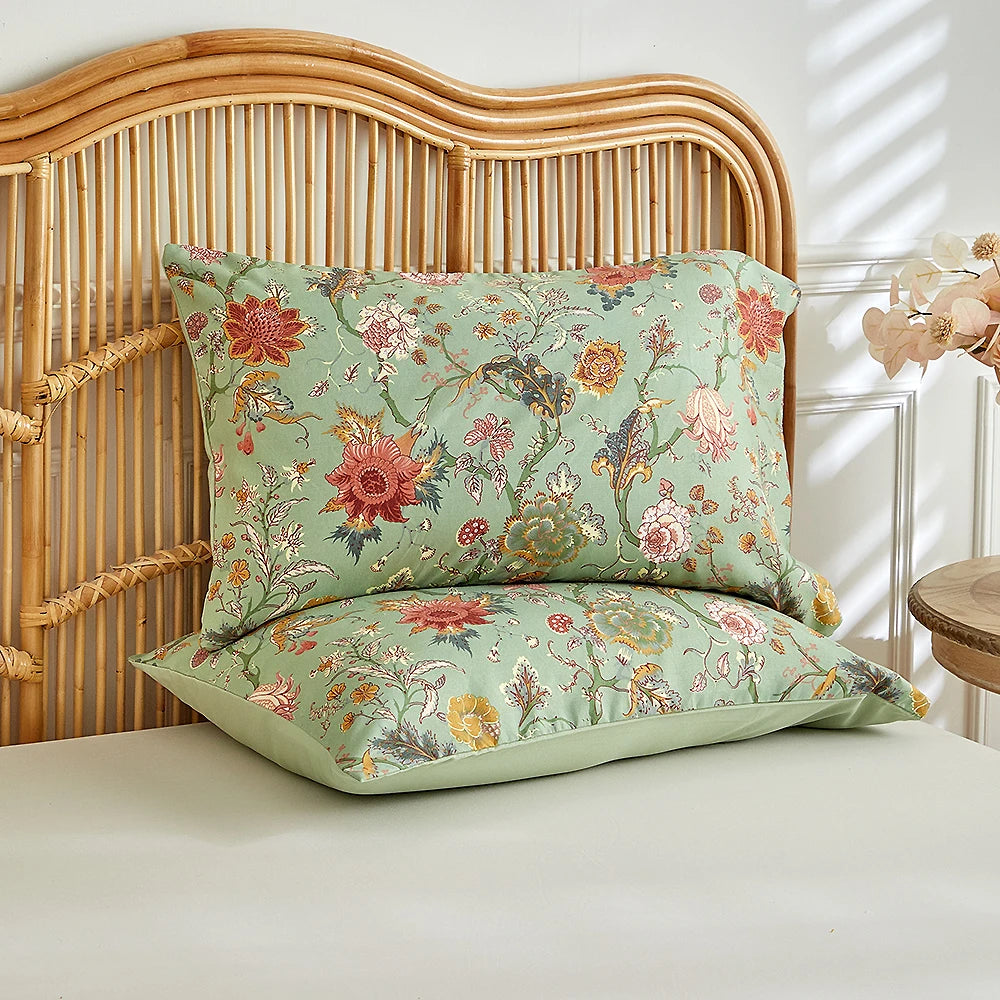 Sage green duvet cover set with vintage floral garden print and matching pillowcases