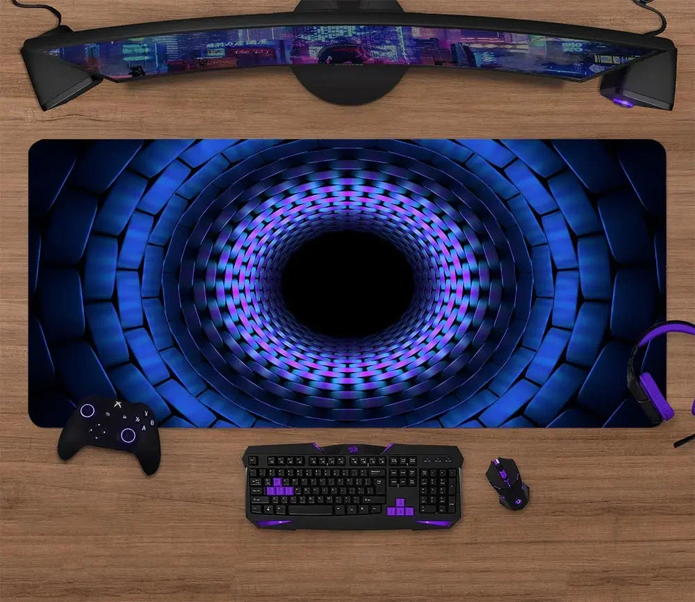 Large gaming mouse pad with blue circular portal design