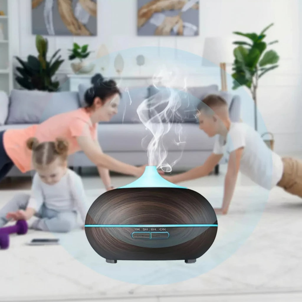 Essential oil diffuser with 360-degree coverage in a living room setting.