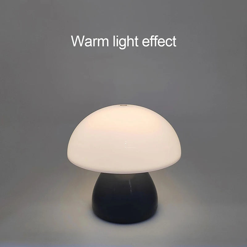 Mushroom-shaped lamp with warm light effect on a grey background