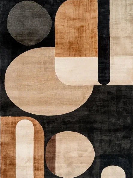 Geometric patterned rug with circular shapes in brown, beige, and black.