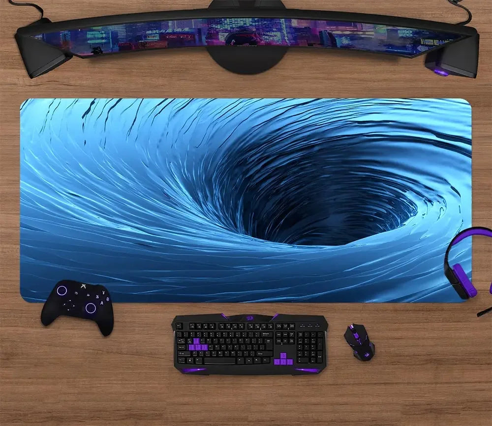 Large gaming mouse pad with blue vortex wave design