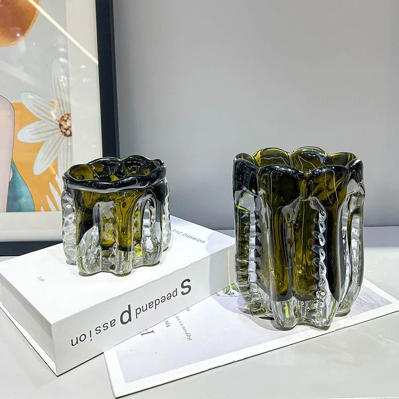 Olive smoke sculpted glass vase large, 15cm height, 12cm width