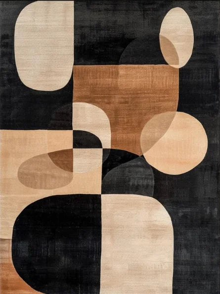 Abstract geometric rug with black, brown, and beige colors on a dark background