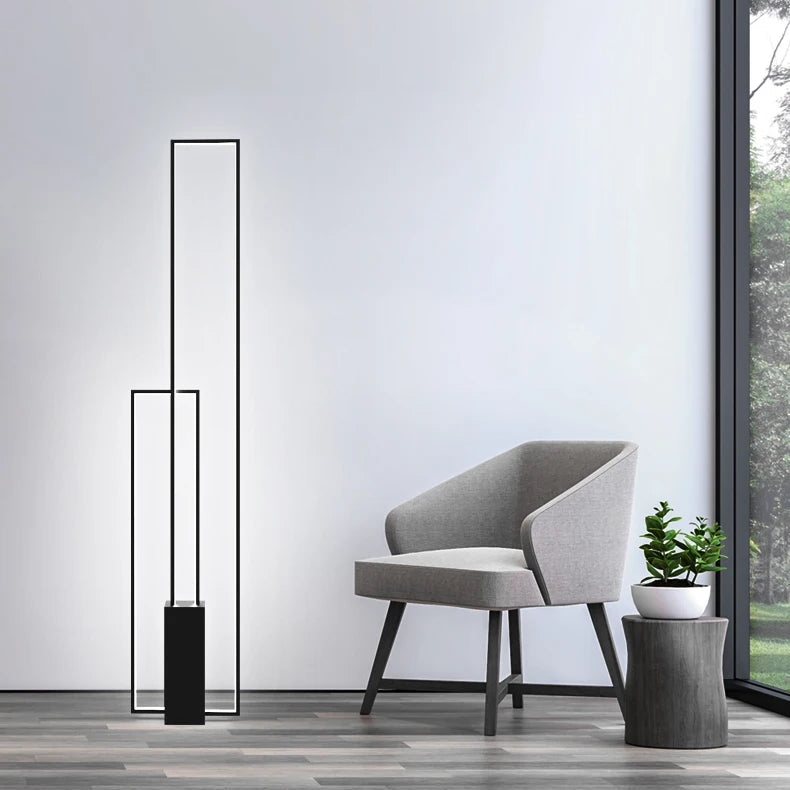Offset Frame 120cm — Creative floor lamp with offset rectangular frame design and black base, shown in a 120cm height layout.
