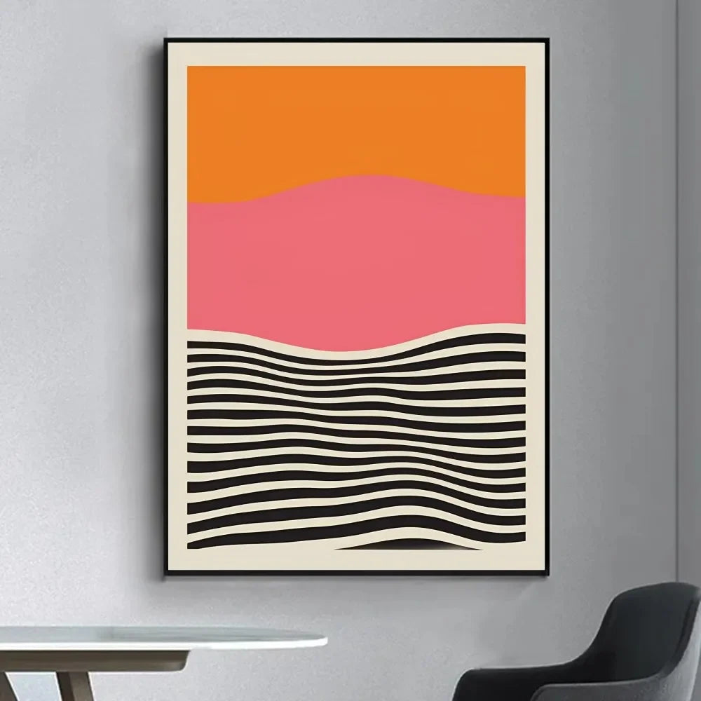 Modern unframed canvas print with orange and pink colour blocks above black flowing wave lines