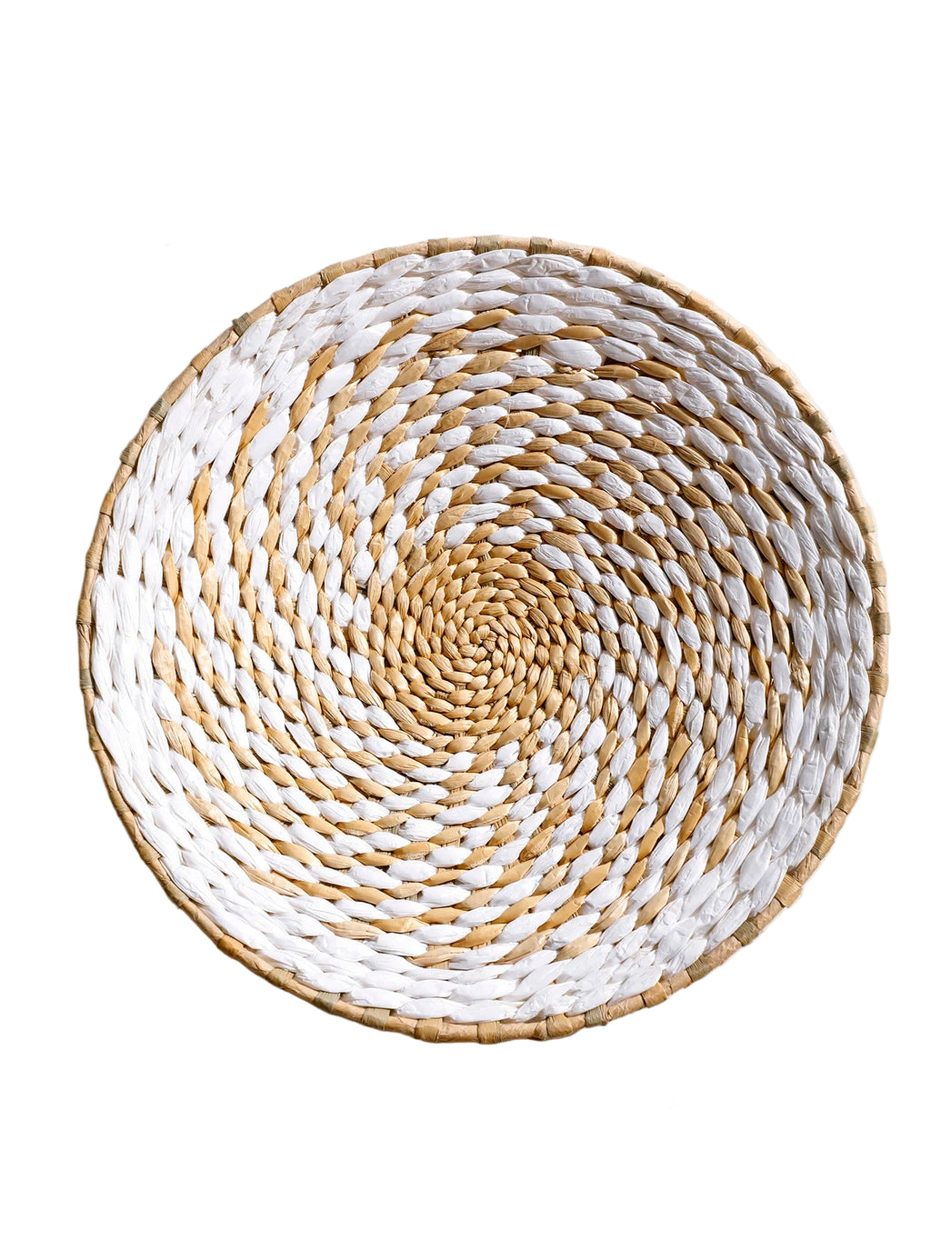 Round woven placemat with white and natural brown pattern, measurements indicated.