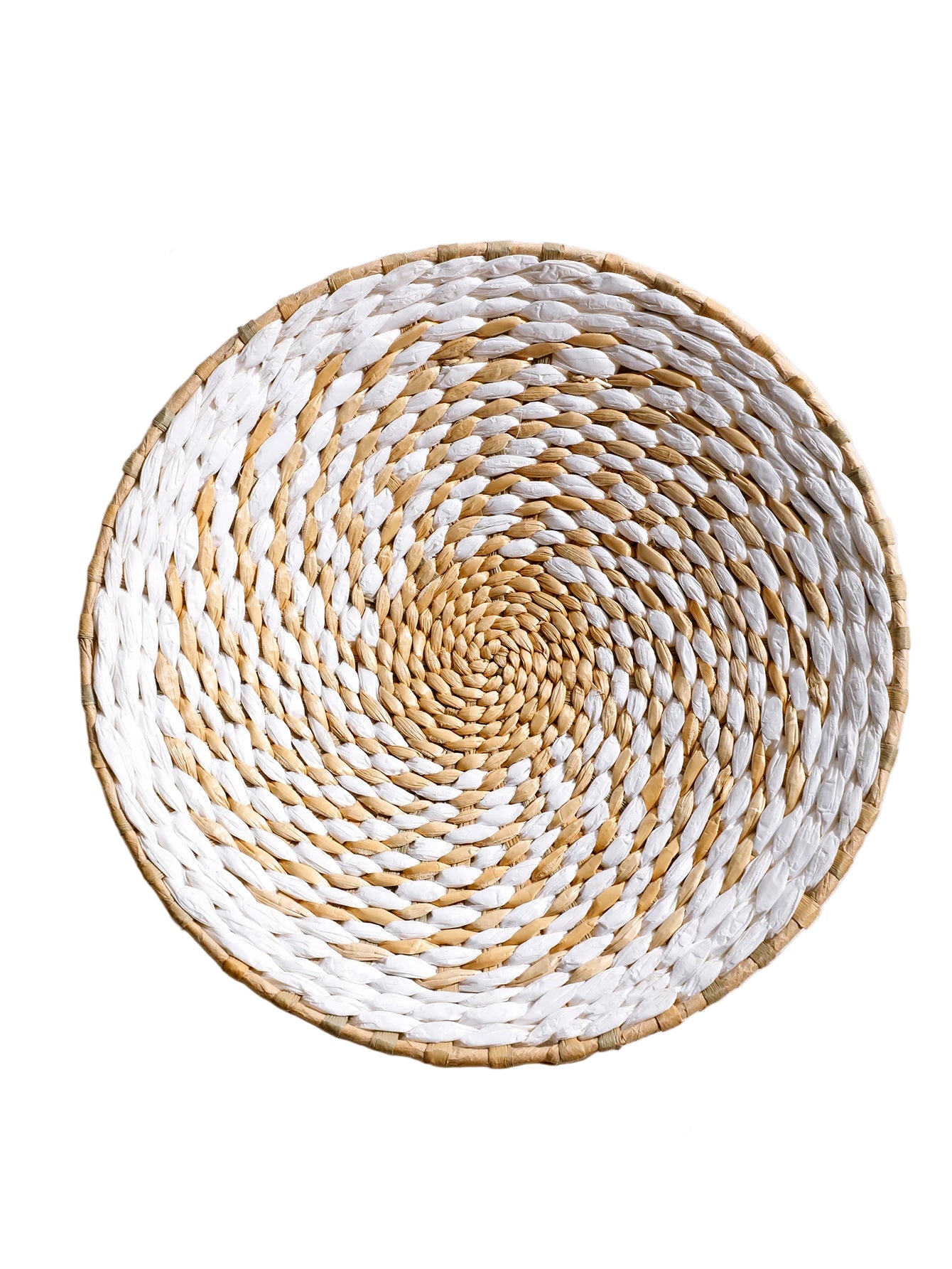 Round woven placemat with white and natural brown pattern, measurements indicated.