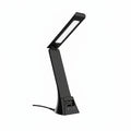 Black LED desk lamp with dimensions and features on a white background