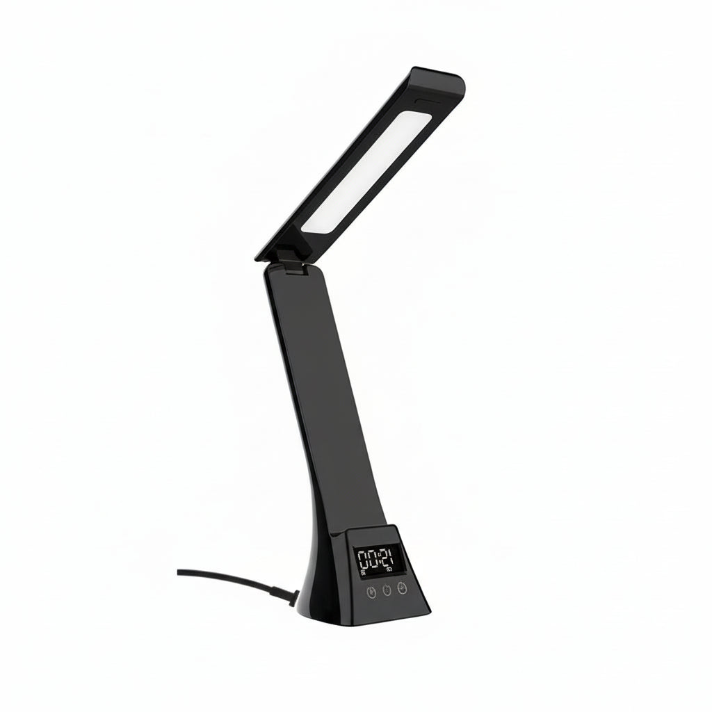 Black LED desk lamp with dimensions and features on a white background