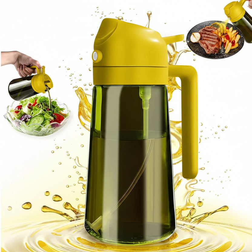 Oil dispenser pouring olive oil into a salad and onto a steak, surrounded by splashes of oil.