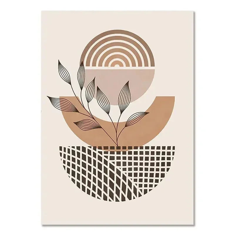 Abstract art print with geometric shapes and a plant on a beige background