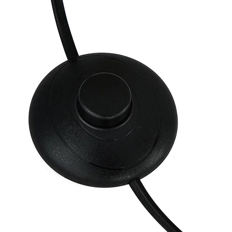Black foot switch detail for curved wooden floor lamp