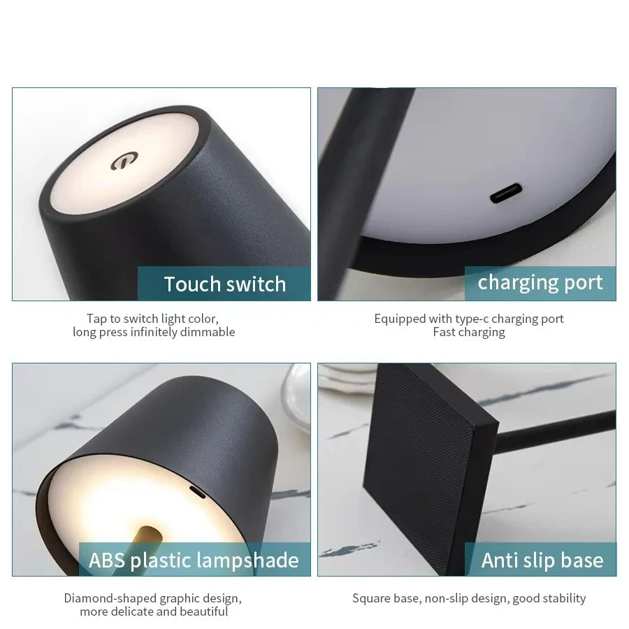 Product details of a black LED lamp with touch switch, charging port, ABS plastic lampshade, and anti-slip base.