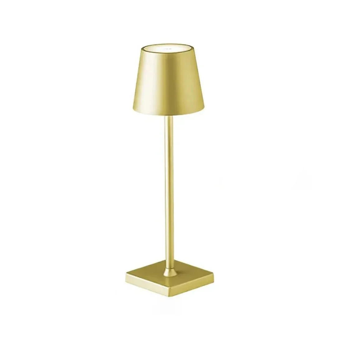 A gold table lamp on a white background.
